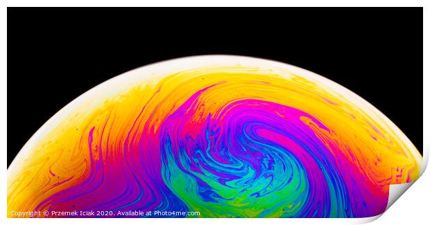 Rainbow soap bubble on a dark background. Close-up of colorful surface. Print by Przemek Iciak