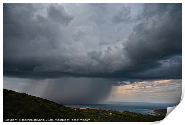 Dark large stormy clouds over hills and sea Print by federico stevanin