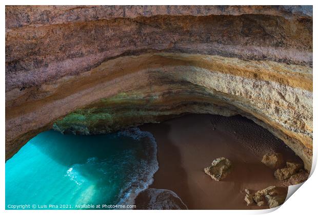 Benagil wild hidden secret cave beach top view above with turquoise paradise water in Carvoeiro, Portugal Print by Luis Pina