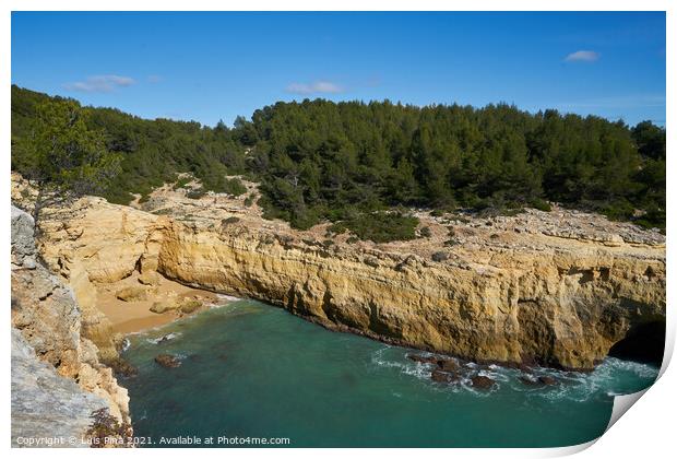 Wild beach nature landscape with turquoise water in Benagil Algarve, Portugal Print by Luis Pina