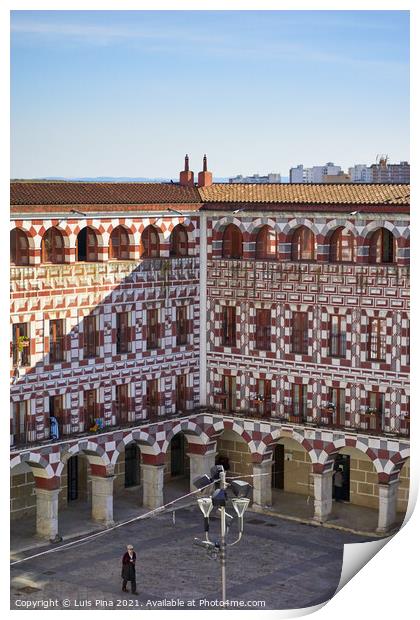 Plaza Alta red and white buildings in Badajoz, Spain Print by Luis Pina