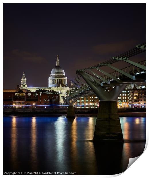 St. Paul's Cathedral and Millenium Bridge in London at night, in England Print by Luis Pina