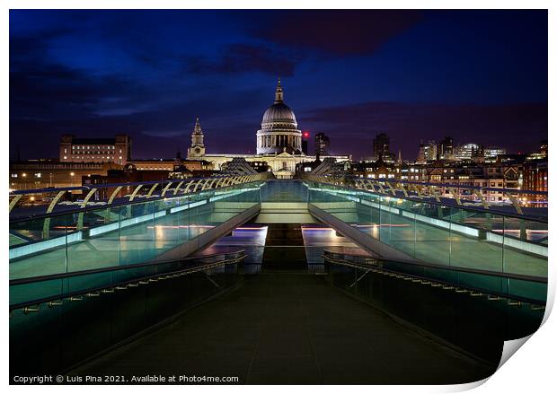 St. Paul's Cathedral and Millenium Bridge in London at night, in England Print by Luis Pina