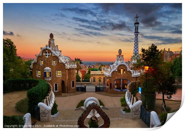 Park Guell in Barcelona, Spain at sunset Print by Luis Pina