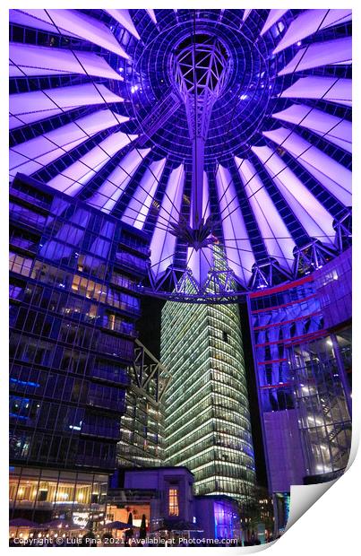 Sony Center in Berlin at night with purple lights on the ceiling Print by Luis Pina