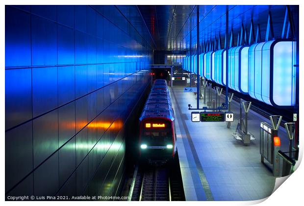 Train at the Subway station with blue lights at University on the Speicherstadt area in Hamburg Print by Luis Pina