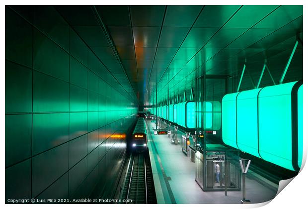 Train at the Subway station with green lights at University on the Speicherstadt area in Hamburg Print by Luis Pina