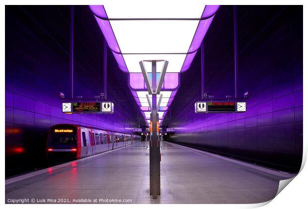 Subway station with purple lights at University on the Speicherstadt area in Hamburg Print by Luis Pina