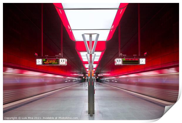 Subway station with red lights at University on the Speicherstadt area in Hamburg Print by Luis Pina