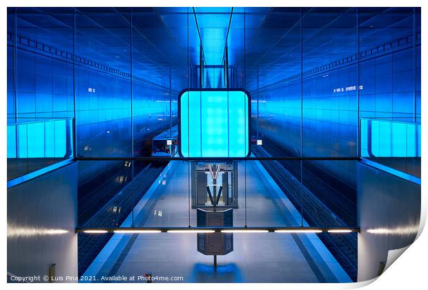 Subway station with blue lights at University on the Speicherstadt area in Hamburg Print by Luis Pina