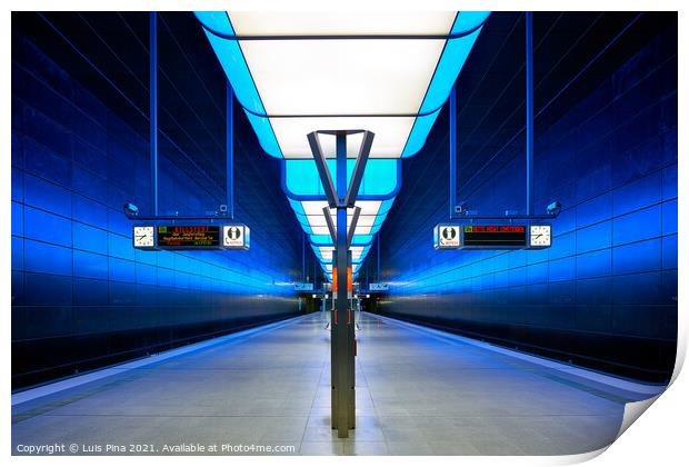 Subway station with blue lights at University on the Speicherstadt area in Hamburg Print by Luis Pina