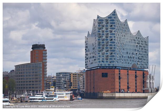 Elbphilharmonie concert hall in Hamburg with the boats marina on the front Print by Luis Pina