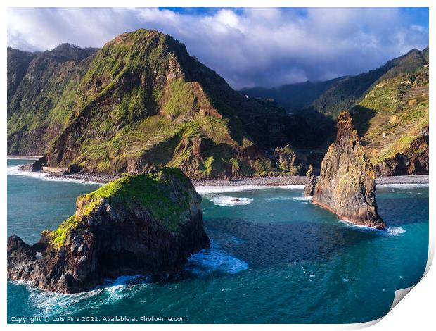 Aerial drone view of Janela Islets in Porto Moniz in Madeira Print by Luis Pina