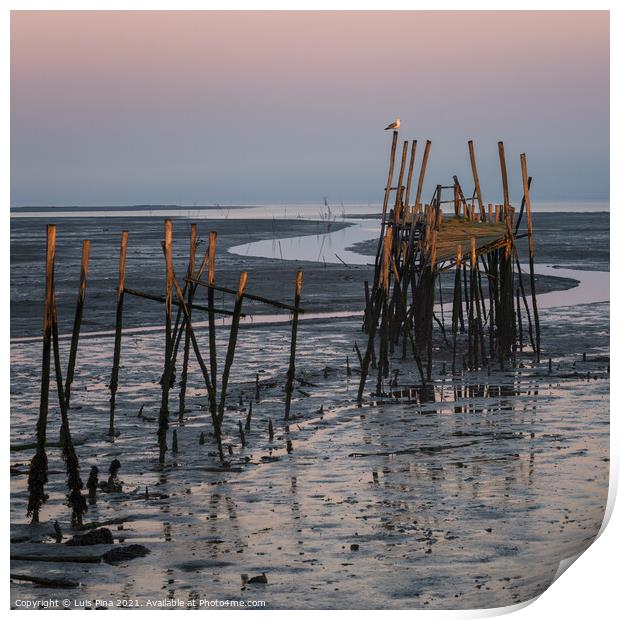 Carrasqueira Palafitic Pier in Comporta, Portugal at sunset Print by Luis Pina