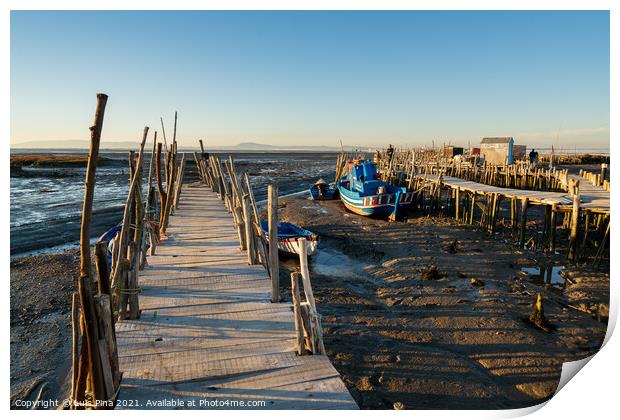 Carrasqueira Palafitic Pier in Comporta, Portugal with fishing boats Print by Luis Pina
