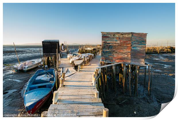 Carrasqueira Palafitic Pier in Comporta, Portugal with fishing boats Print by Luis Pina