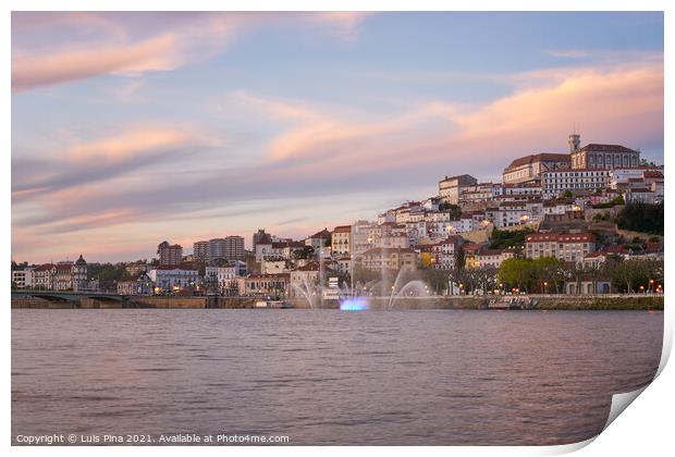 Coimbra city view at sunset with Mondego river and beautiful historic buildings, in Portugal Print by Luis Pina