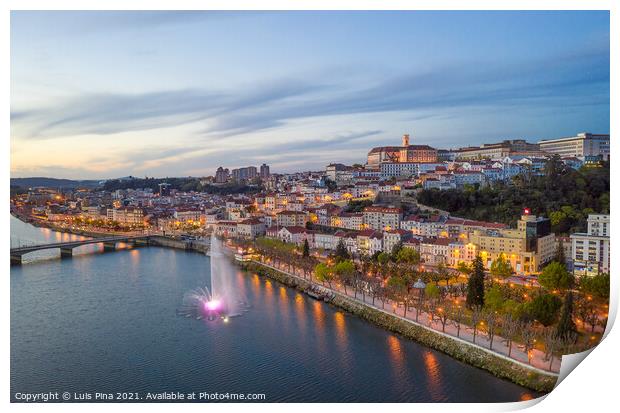 Coimbra drone aerial city view at sunset with colorful fountain in Mondego river and beautiful historic buildings, in Portugal Print by Luis Pina