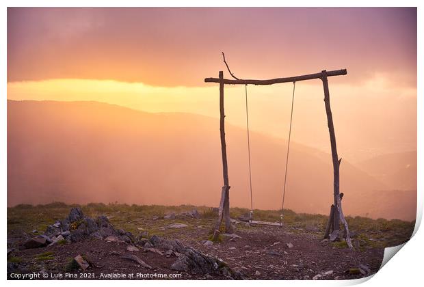 Famous Swing social distancing baloico in Lousa mountain, Portugal at sunset Print by Luis Pina