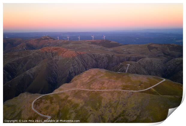 Serra da Freita drone aerial view in Arouca Geopark road with wind turbines at sunset, in Portugal Print by Luis Pina