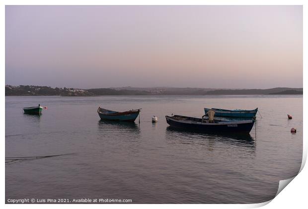 Fishing boats on a river sea at sunset in Foz do Arelho, Portugal Print by Luis Pina