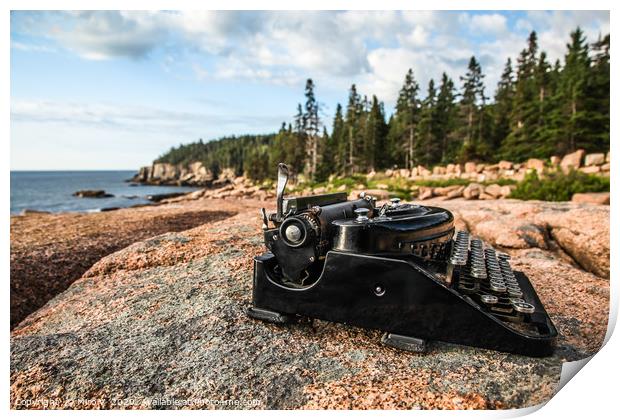 Antique typewriter near ocean on granite rock Print by Miro V