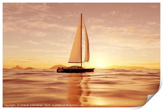 3d rendering of a sailboat in the ocean Print by chainat prachatree