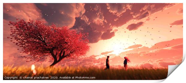 Garden of heaven,Couple in field with sakura tree  Print by chainat prachatree