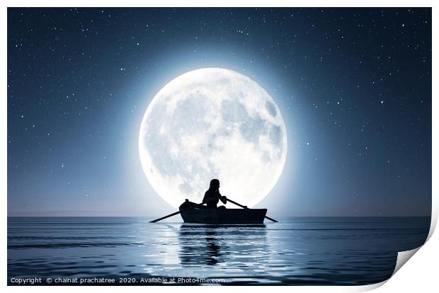 Girl on row boat on the sea under the moonlight,3d Print by chainat prachatree