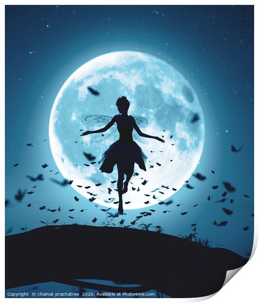 3d rendering of a fairy flying in a magical night  Print by chainat prachatree