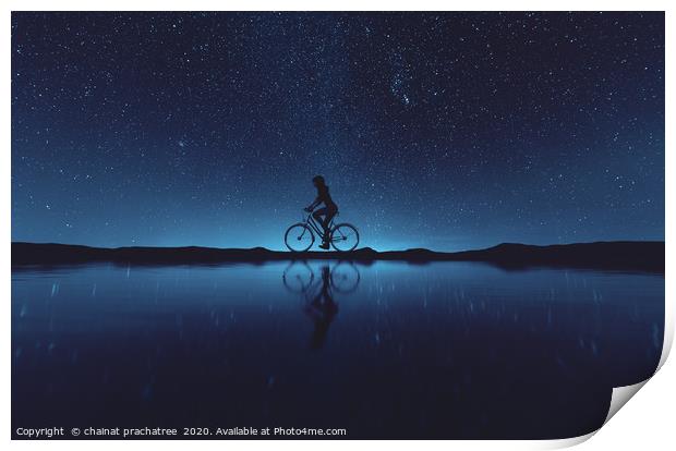 Silhouette of young woman cyclist at night sky,3d  Print by chainat prachatree