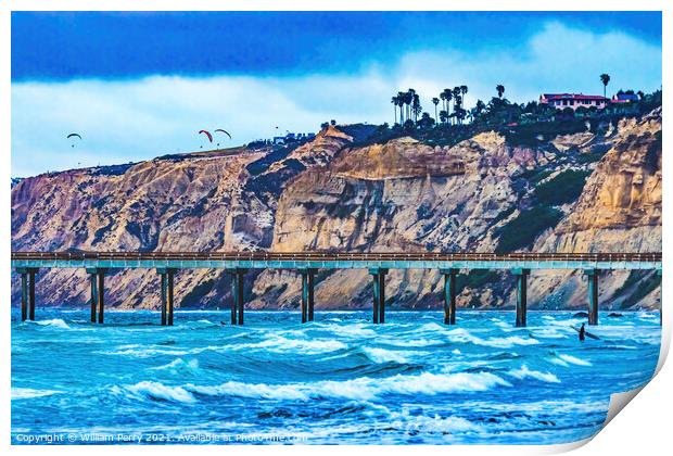Scripps Pier Surfeers La Jolla Shores Beach San Diego California Print by William Perry