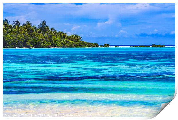 Colorful Beach Island Palm Trees Coral Reefs Blue Water Moorea T Print by William Perry