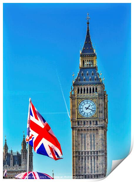 Big Ben Tower British Flag Parliament Westminster Bridge London  Print by William Perry