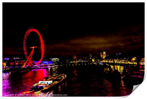 Big Eye Ferris Wheel Thames River Night London England Print by William Perry