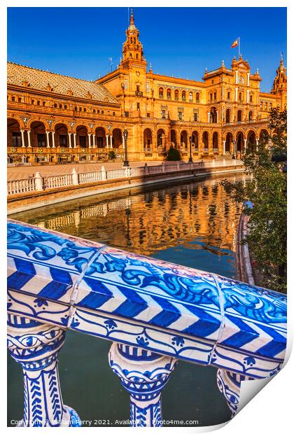 Blue Bridge Plaza de Espana Square Reflection Seville Spain Print by William Perry