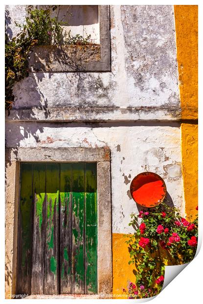 White Yellow Wall Green Door Street Obidos Portugal Print by William Perry