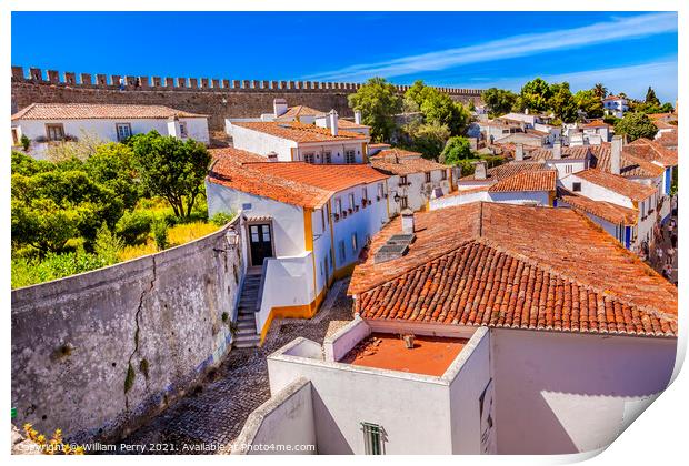 Castle Walls Orange Roofs Narrow Street Obidos Portugal Print by William Perry