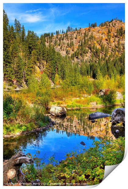Fall Yellow Blue Green Colors Reflection Wenatchee River Valley  Print by William Perry