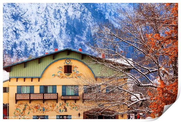 Winter Mountains Snow German Buildings Orange Maple Leaves Leave Print by William Perry