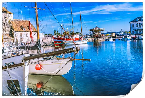 Yachts Boats Waterfront Reflection Carousel Inner Harbor Honflue Print by William Perry