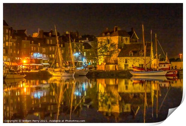 Night Sailboats Waterfront Reflection Inner Harbor Honfluer Fran Print by William Perry