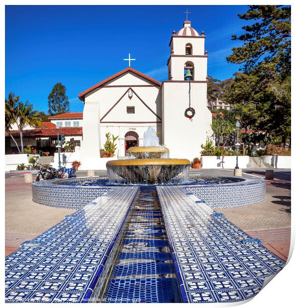 Mexican Tile Fountain Mission San Buenaventura Ventura Californi Print by William Perry