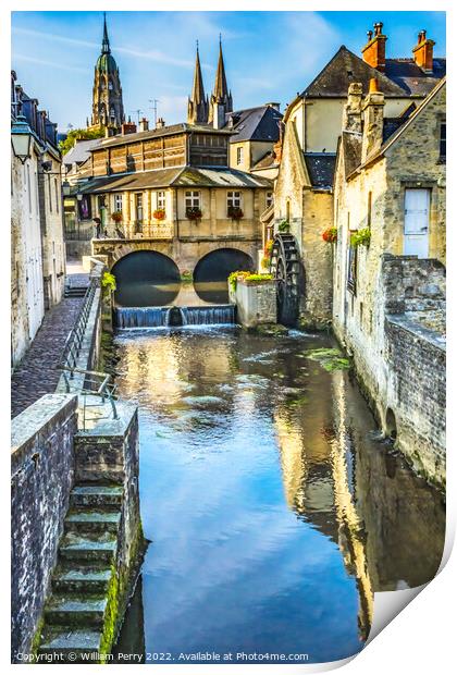 Old Buildings Mill Aure River Bayeux Center Normandy France Print by William Perry