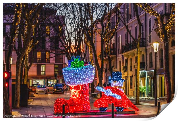 Apartments Christmas Lights Decorations Narrow Street Nimes Gard Print by William Perry