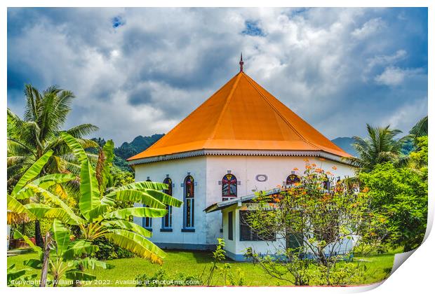 Colorful Garden Papetoai Temple Protestant Church Moorea Tahiti Print by William Perry