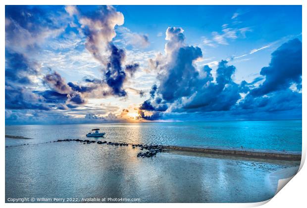 Colorful Sunset Cloudscape Boat Breakwater Blue Water Moorea Tah Print by William Perry