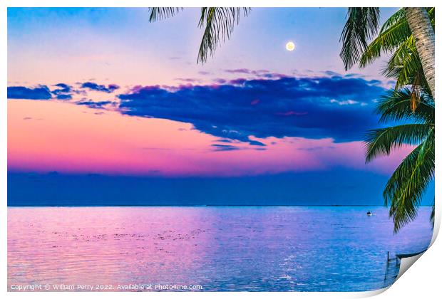 Moon Sunset Reflection Blue Water Moorea Tahiti Print by William Perry