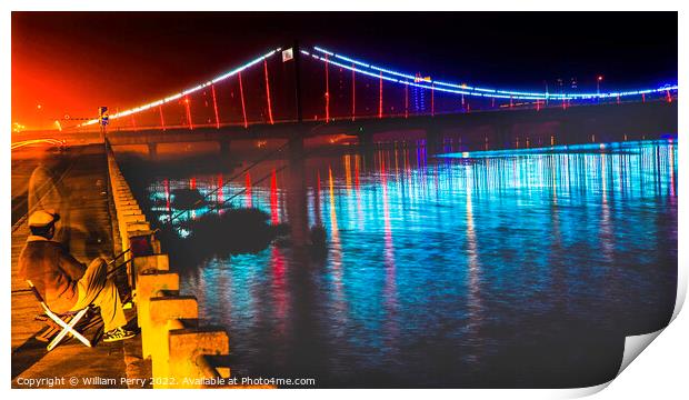 Fishing Hun River Jiangqun Bridge Liaoning China Night Print by William Perry