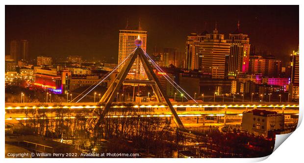 Night Shot Cityscape Bridge Xining City Qinghai Province China Print by William Perry